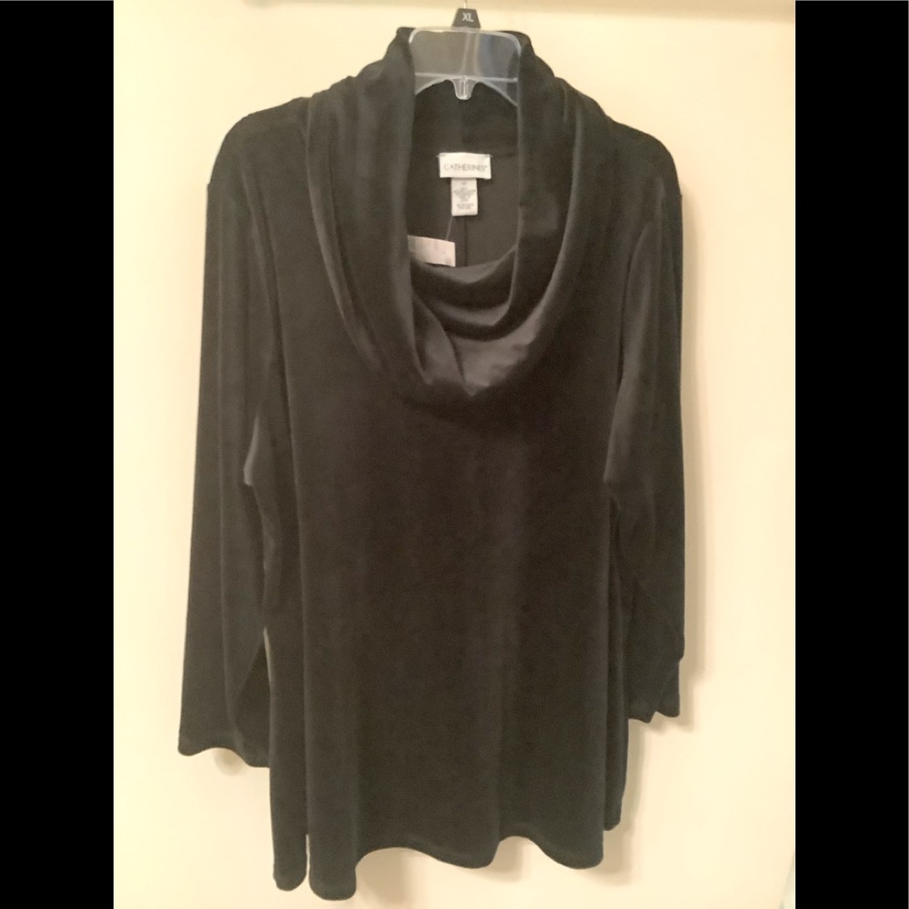 Suede type velvet cowl neck top, long sleeve, black 1X